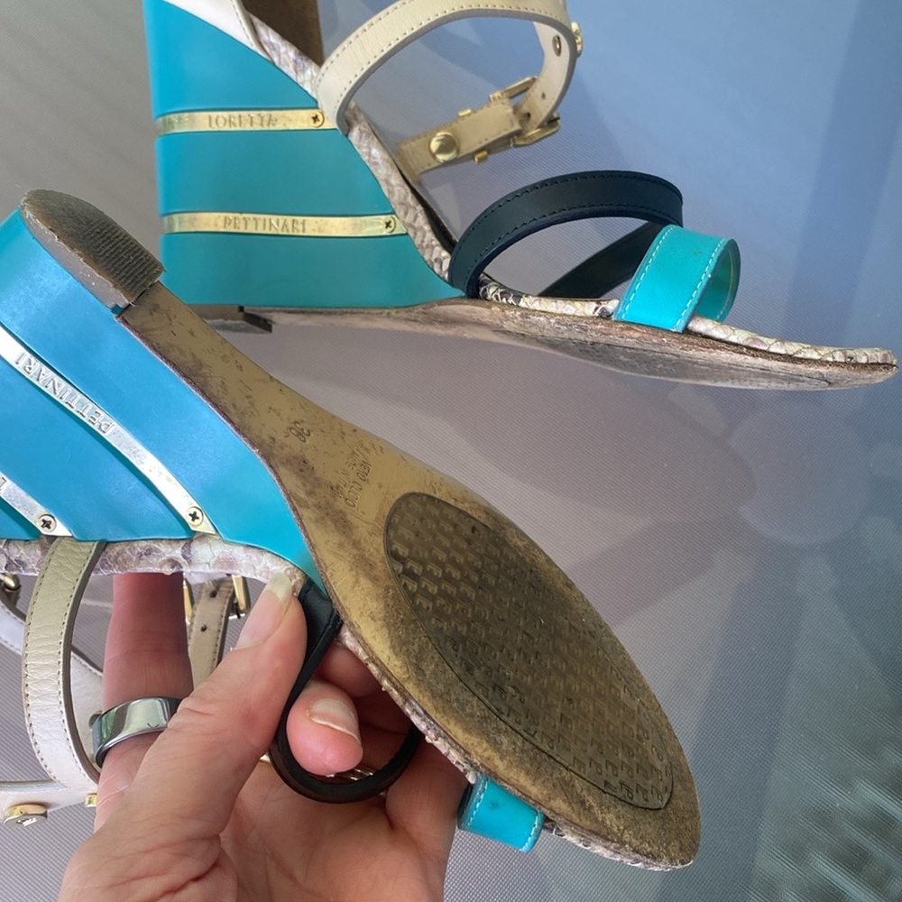 🇮🇹Loretta Pettinari, Italy 38. Turquoise Blue & Cream Strappy Wedge Sandals. 38 - Picture 11 of 16
